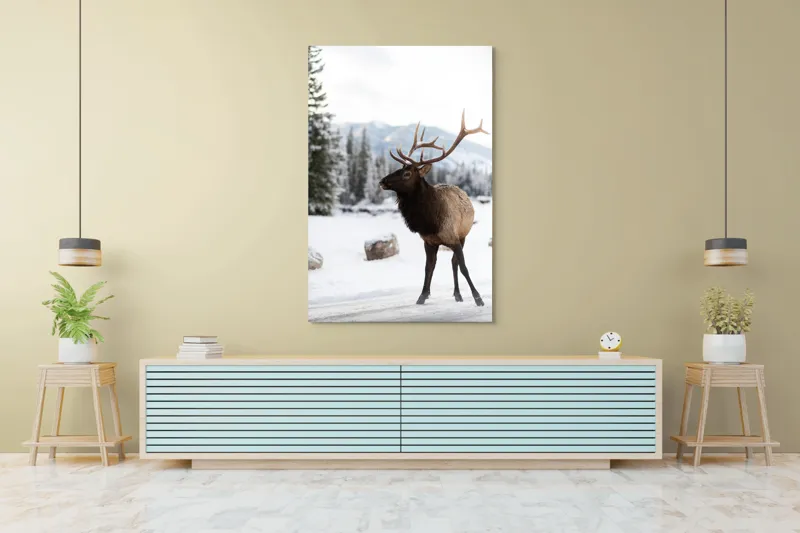 Tablou Canvas, "Elanul în peisaj montan de iarnă", Cerb, Zăpadă, Pădure, Munți, Iarnă, Antlers, Natură, Culoare, Frig, Calm, 100 x 150 cm – poza 4