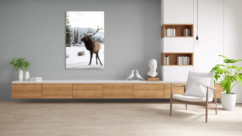 Tablou Canvas, "Elanul în peisaj montan de iarnă", Cerb, Zăpadă, Pădure, Munți, Iarnă, Antlers, Natură, Culoare, Frig, Calm, 100 x 150 cm – poza 8