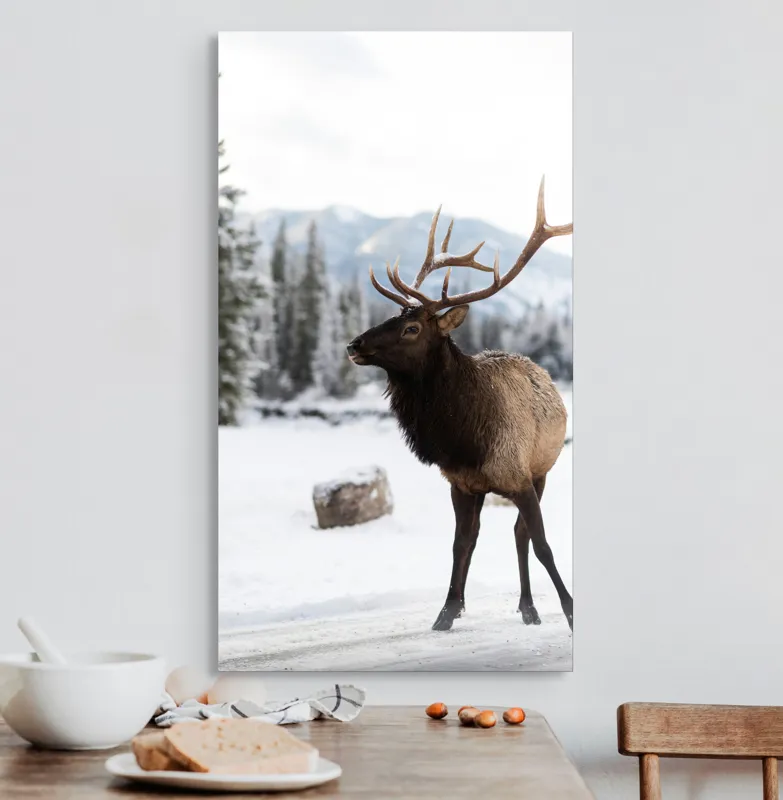 Tablou Canvas, "Elanul în peisaj montan de iarnă", Cerb, Zăpadă, Pădure, Munți, Iarnă, Antlers, Natură, Culoare, Frig, Calm, 50 x 90 cm – poza 3