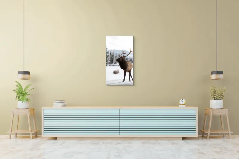 Tablou Canvas, "Elanul în peisaj montan de iarnă", Cerb, Zăpadă, Pădure, Munți, Iarnă, Antlers, Natură, Culoare, Frig, Calm, 50 x 90 cm – poza 6