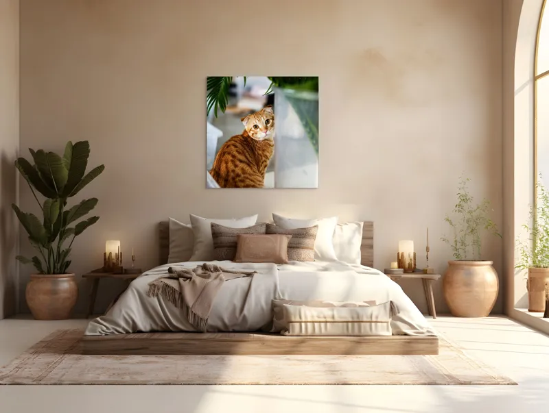 Tablou Canvas, "Pisica tigrată admirând planta verde", Pisică, Blană, Tărcat, Plante, Privire, Curiozitate, Urechi, Interior, Fotografiere, 100 x 100 cm – poza 4