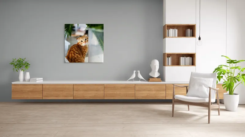 Tablou Canvas, "Pisica tigrată admirând planta verde", Pisică, Blană, Tărcat, Plante, Privire, Curiozitate, Urechi, Interior, Fotografiere, 100 x 100 cm – poza 8