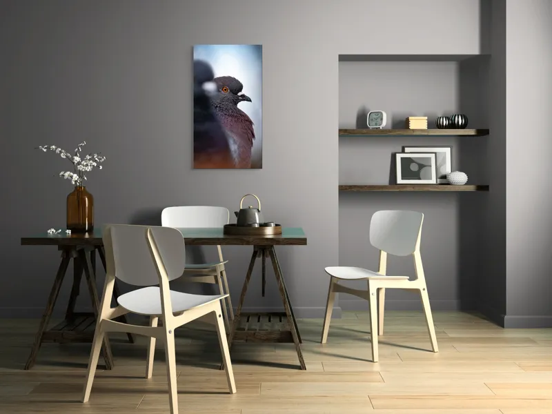 Tablou Canvas, "Porumbeii veghează orașul adormit", Pigeon, Focus, Feather, Eye, Perception, Blur, Contrast, Detail, Calmness, Urban., 50 x 90 cm – poza 4