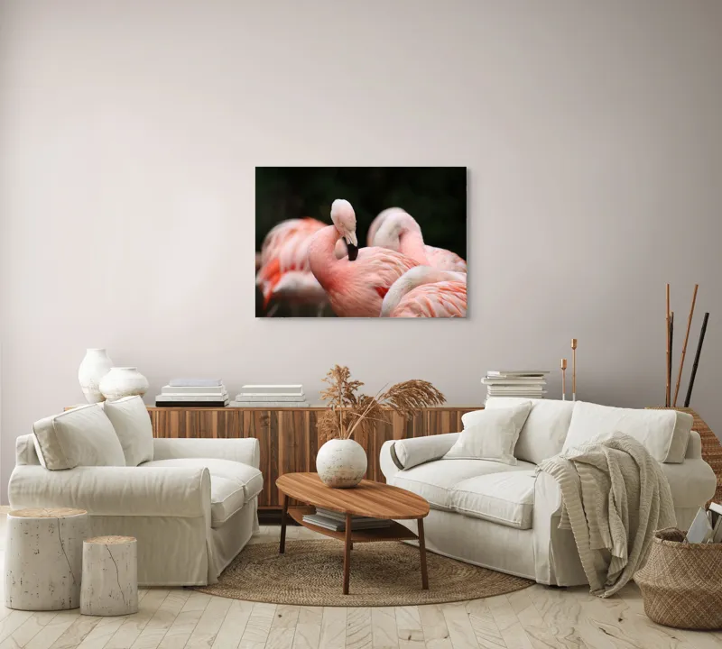 Tablou Canvas, "Grup de flamingo în repaus roz", Flamingo, Roz, Delicat, Elegant, Grup, Aripi, Penaj, 100 x 70 cm – poza 3