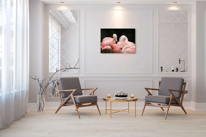 Tablou Canvas, "Grup de flamingo în repaus roz", Flamingo, Roz, Delicat, Elegant, Grup, Aripi, Penaj, 100 x 70 cm – poza 5