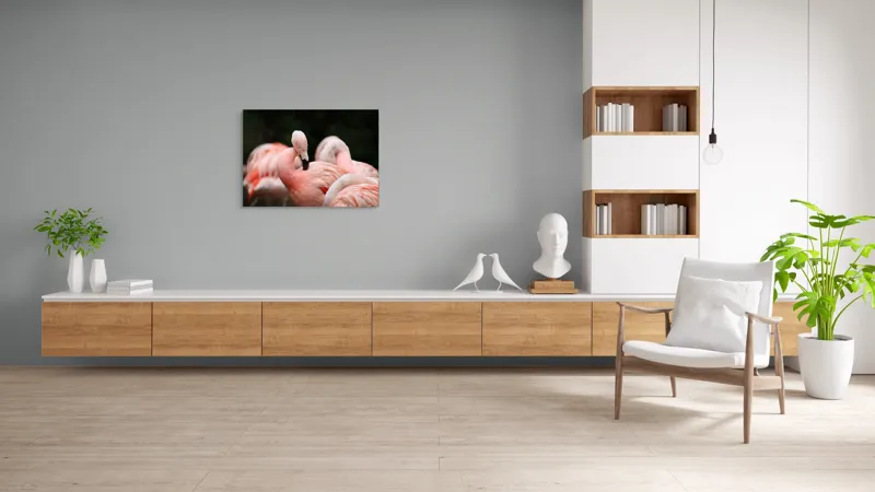 Tablou Canvas, "Grup de flamingo în repaus roz", Flamingo, Roz, Delicat, Elegant, Grup, Aripi, Penaj, 100 x 70 cm – poza 6