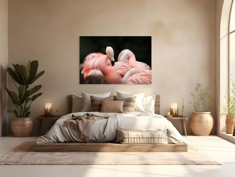 Tablou Canvas, "Grup de flamingo în repaus roz", Flamingo, Roz, Delicat, Elegant, Grup, Aripi, Penaj, 150 x 100 cm – poza 4