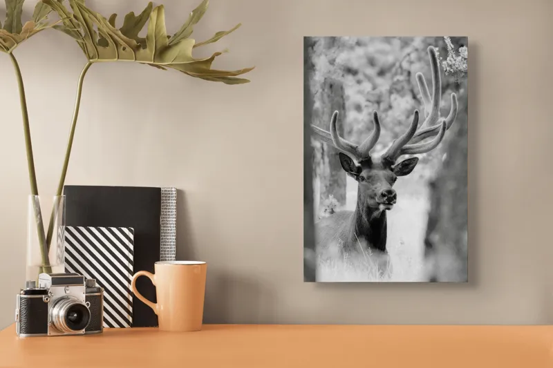 Tablou Canvas, "Cerbul printre copaci în lumina pădurii", Cerb, Grațios, Impunător, Elegant, Natură, Pădurii, Regal, Misterios, 26 x 39 cm – poza 3