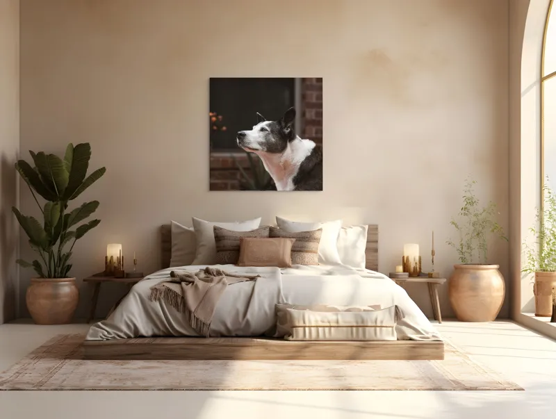 Tablou Canvas, "Câinele contemplativ în grădină toamna", Flori, Perete, Câine, Oală, Oiță, Fereastră, 100 x 100 cm – poza 4