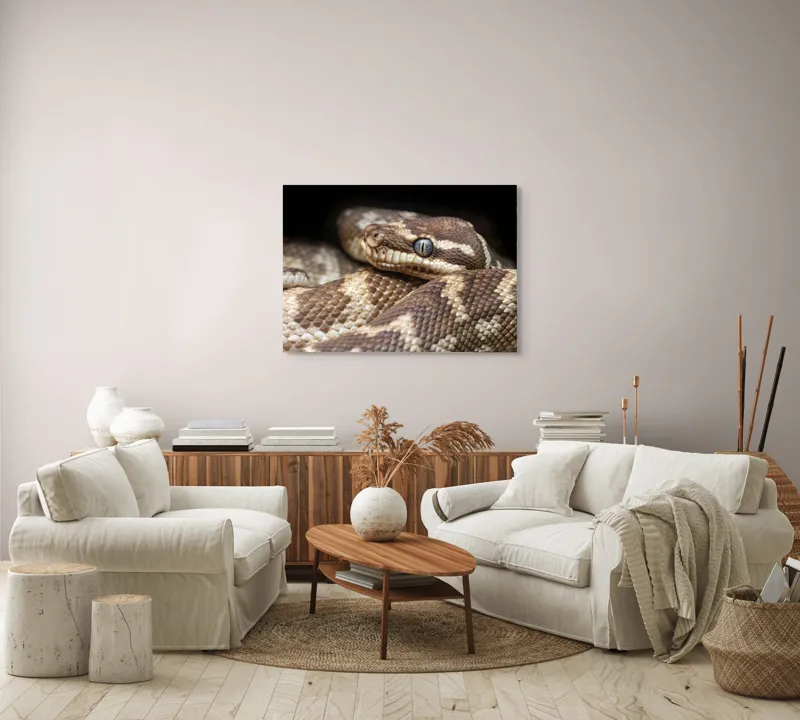 Tablou Canvas, "Sarpele printre umbre și texturi", Șarpe, Privire, Solzi, Textură, Reptilă, Natură, Detaliu, Ochi, Culoare, Model, 100 x 70 cm – poza 3