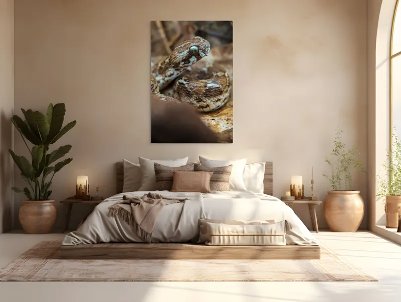 Tablou Canvas, "Nu știu cine este în imagine.", Șarpe, Solzi, Ochi, Culoare, Textură, Frunze, Camuflaj, Natură, Detaliu, Aproape, 100 x 150 cm – poza 3