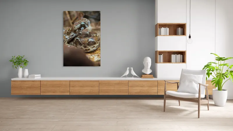 Tablou Canvas, "Nu știu cine este în imagine.", Șarpe, Solzi, Ochi, Culoare, Textură, Frunze, Camuflaj, Natură, Detaliu, Aproape, 100 x 150 cm – poza 8