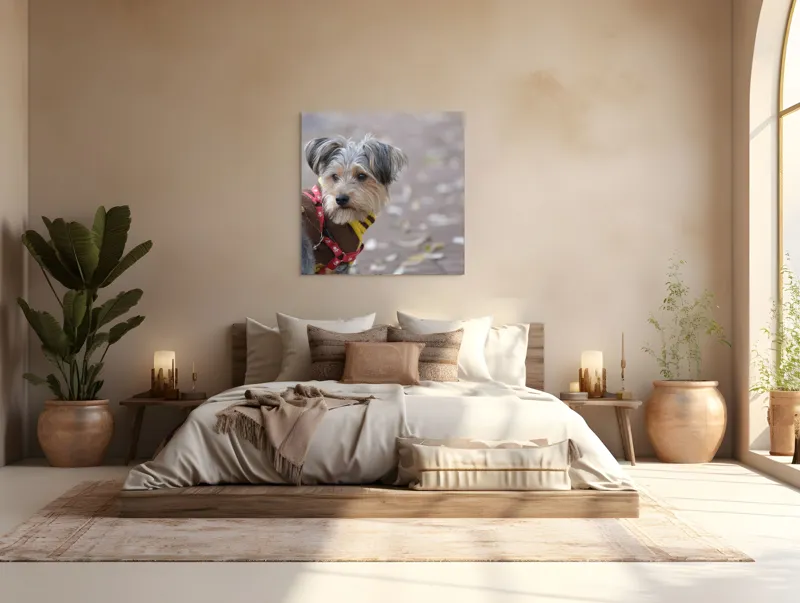 Tablou Canvas, "Câinele în haină de toamnă copilăroasă", Câine, Pulover, Lesă, Frunze, Blană, Drăgălaș, Toamnă, 100 x 100 cm – poza 4