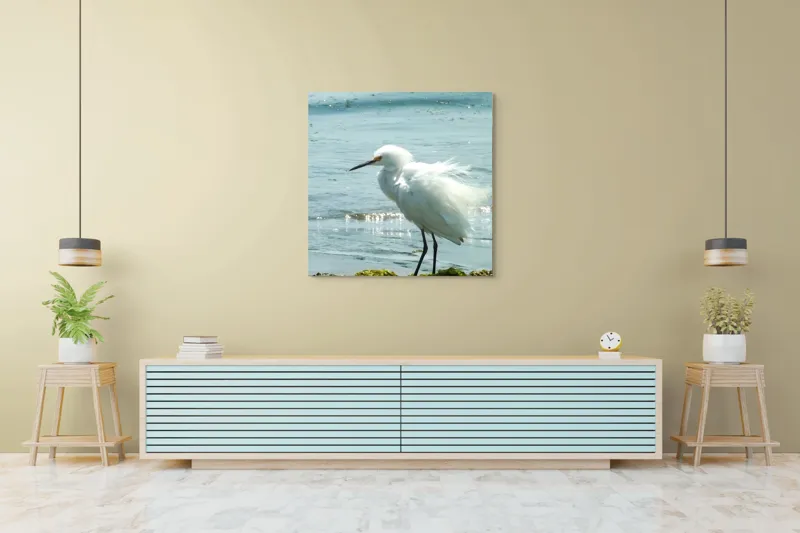 Tablou Canvas, "Egreta pe malul mării albastre", Pasăre, Plajă, Apă, Valuri, Alge, Reflecții, Pene, Bețele, Ocean, Lumină, 100 x 100 cm – poza 5