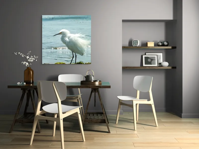 Tablou Canvas, "Egreta pe malul mării albastre", Pasăre, Plajă, Apă, Valuri, Alge, Reflecții, Pene, Bețele, Ocean, Lumină, 100 x 100 cm – poza 6