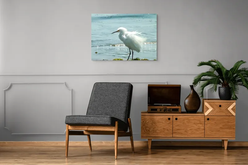 Tablou Canvas, "Egreta pe malul mării albastre", Pasăre, Plajă, Apă, Valuri, Alge, Reflecții, Pene, Bețele, Ocean, Lumină, 100 x 70 cm – poza 8