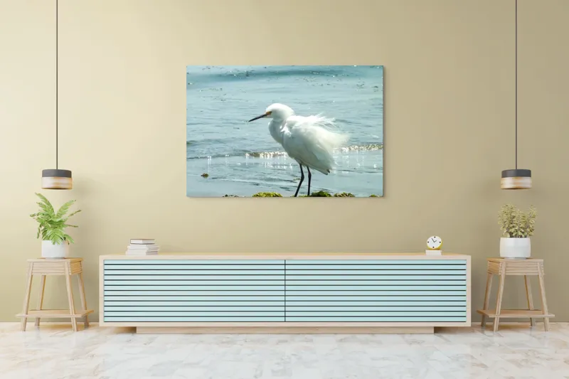Tablou Canvas, "Egreta pe malul mării albastre", Pasăre, Plajă, Apă, Valuri, Alge, Reflecții, Pene, Bețele, Ocean, Lumină, 150 x 100 cm – poza 6