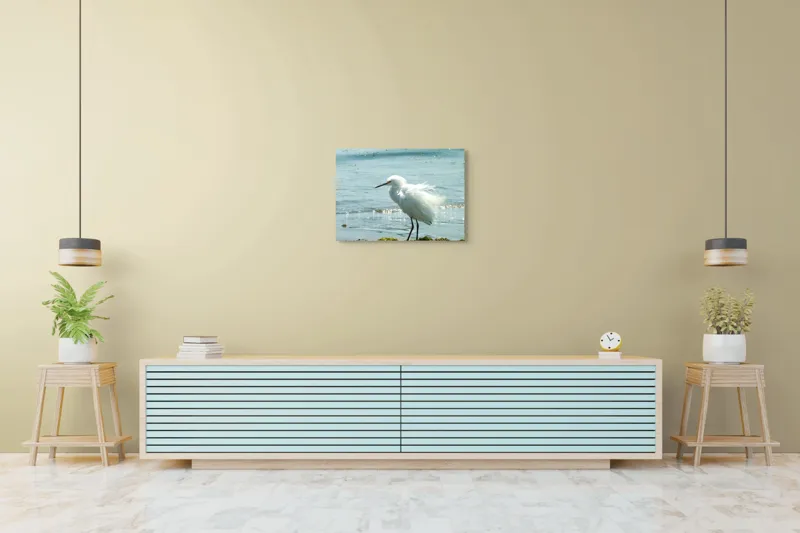 Tablou Canvas, "Egreta pe malul mării albastre", Pasăre, Plajă, Apă, Valuri, Alge, Reflecții, Pene, Bețele, Ocean, Lumină, 70 x 50 cm – poza 7