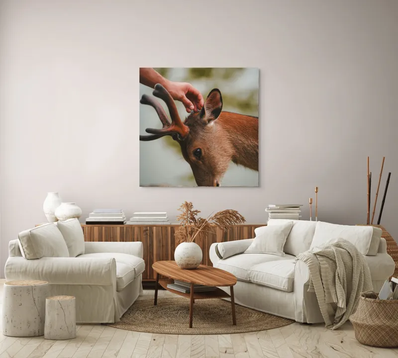 Tablou Canvas, "Mângâierea blândă a cerbului tânăr", Natură, Căprioară, Antlers, Mângâiere, Serenitate, Peisaj, Seninătate, 100 x 100 cm – poza 3
