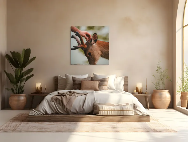 Tablou Canvas, "Mângâierea blândă a cerbului tânăr", Natură, Căprioară, Antlers, Mângâiere, Serenitate, Peisaj, Seninătate, 100 x 100 cm – poza 4