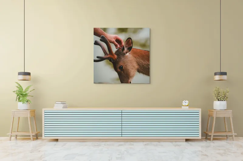 Tablou Canvas, "Mângâierea blândă a cerbului tânăr", Natură, Căprioară, Antlers, Mângâiere, Serenitate, Peisaj, Seninătate, 100 x 100 cm – poza 5