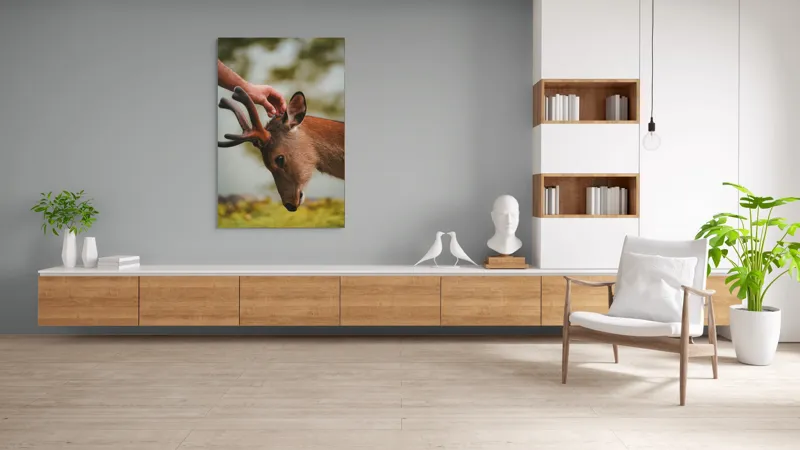 Tablou Canvas, "Mângâierea blândă a cerbului tânăr", Natură, Căprioară, Antlers, Mângâiere, Serenitate, Peisaj, Seninătate, 100 x 150 cm – poza 8