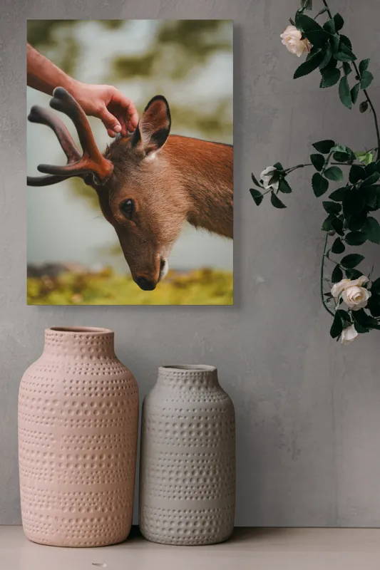 Tablou Canvas, "Mângâierea blândă a cerbului tânăr", Natură, Căprioară, Antlers, Mângâiere, Serenitate, Peisaj, Seninătate, 39 x 54 cm – poza 6