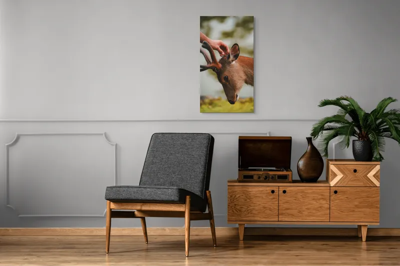 Tablou Canvas, "Mângâierea blândă a cerbului tânăr", Natură, Căprioară, Antlers, Mângâiere, Serenitate, Peisaj, Seninătate, 50 x 90 cm – poza 8