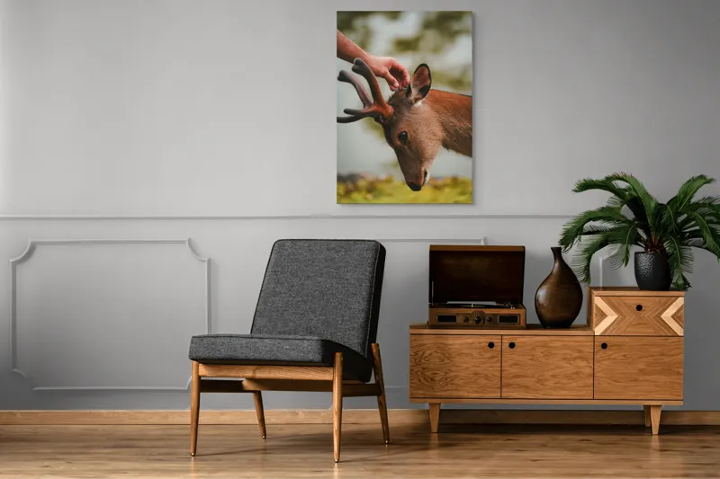 Tablou Canvas, "Mângâierea blândă a cerbului tânăr", Natură, Căprioară, Antlers, Mângâiere, Serenitate, Peisaj, Seninătate, 70 x 100 cm – poza 6