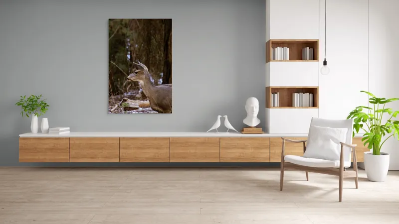 Tablou Canvas, "Căprioară printre copaci de iarnă", Cerb, Pădure, Natură, Blană, Vânătoare, Sălbăticie, Pașnic, Tăcut., 100 x 150 cm – poza 8