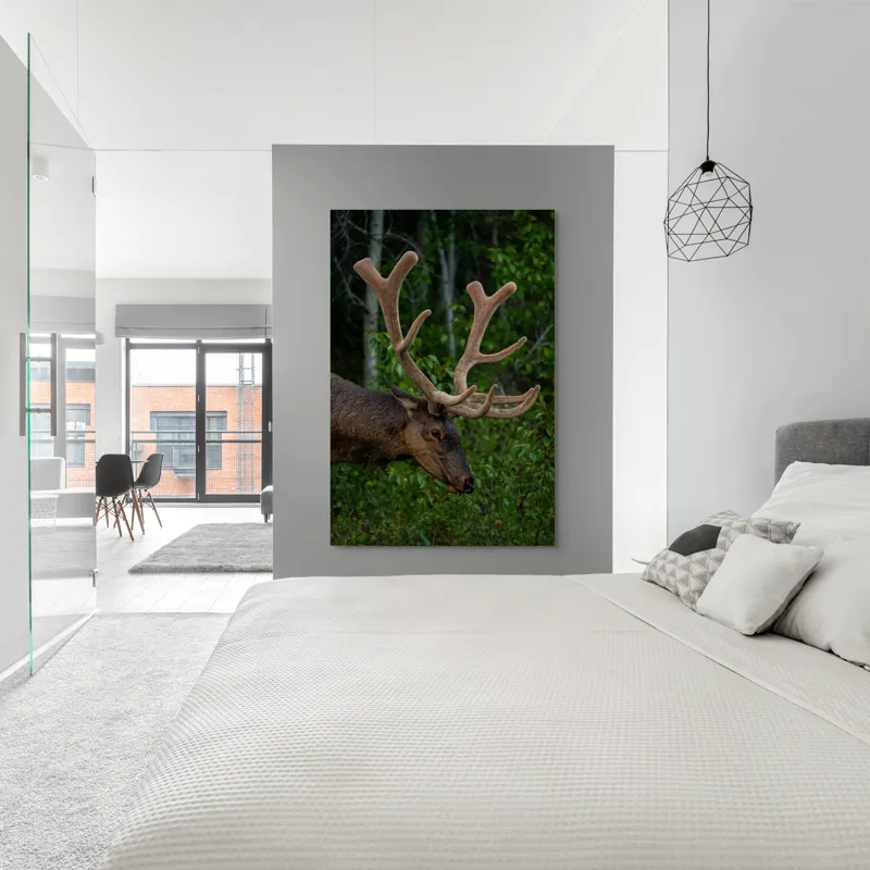 Tablou Canvas, "Elan în pădurea verde intensă", Cerb, Impunător, Pădure, Antler, Verdeață, Natură, Sălbatic, Majestuos, 100 x 150 cm – poza 5