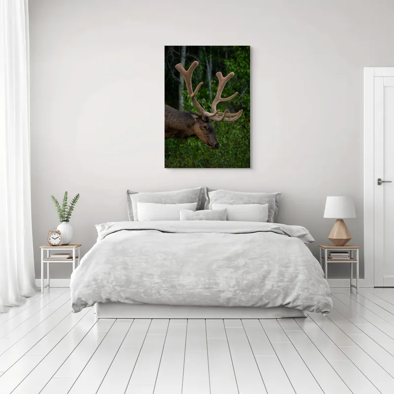 Tablou Canvas, "Elan în pădurea verde intensă", Cerb, Impunător, Pădure, Antler, Verdeață, Natură, Sălbatic, Majestuos, 70 x 100 cm – poza 3