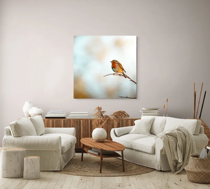 Tablou Canvas, "Piticul colorat în razele dimineții", Pasăre, Ramură, Cer, Lumină, Penaj, Natură, Solitudine, 100 x 100 cm – poza 3