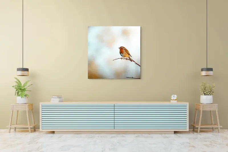 Tablou Canvas, "Piticul colorat în razele dimineții", Pasăre, Ramură, Cer, Lumină, Penaj, Natură, Solitudine, 100 x 100 cm – poza 5