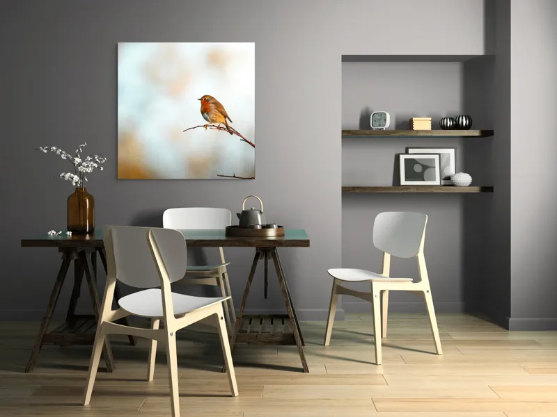 Tablou Canvas, "Piticul colorat în razele dimineții", Pasăre, Ramură, Cer, Lumină, Penaj, Natură, Solitudine, 100 x 100 cm – poza 6
