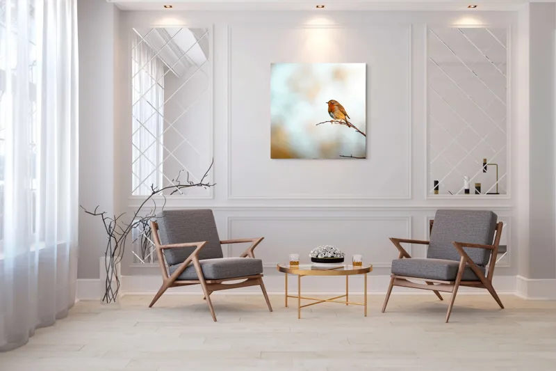 Tablou Canvas, "Piticul colorat în razele dimineții", Pasăre, Ramură, Cer, Lumină, Penaj, Natură, Solitudine, 100 x 100 cm – poza 7