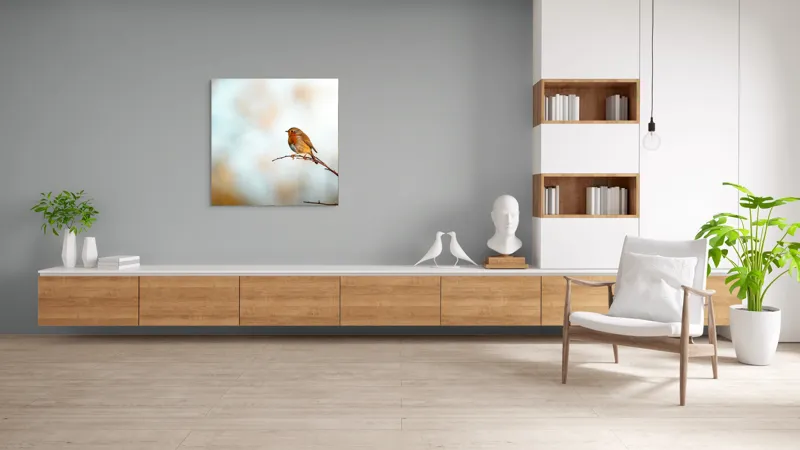 Tablou Canvas, "Piticul colorat în razele dimineții", Pasăre, Ramură, Cer, Lumină, Penaj, Natură, Solitudine, 100 x 100 cm – poza 8