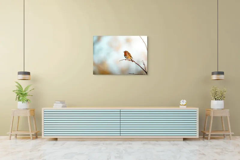 Tablou Canvas, "Piticul colorat în razele dimineții", Pasăre, Ramură, Cer, Lumină, Penaj, Natură, Solitudine, 100 x 70 cm – poza 4