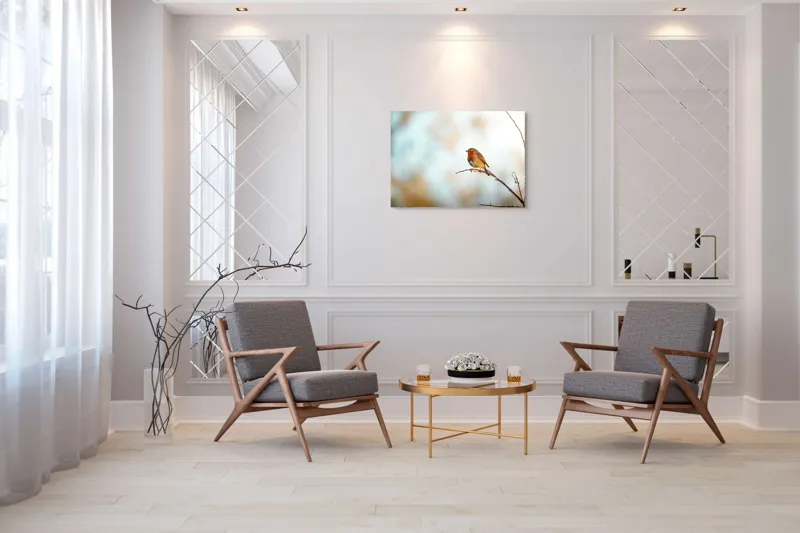 Tablou Canvas, "Piticul colorat în razele dimineții", Pasăre, Ramură, Cer, Lumină, Penaj, Natură, Solitudine, 100 x 70 cm – poza 5