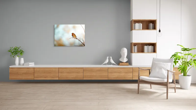 Tablou Canvas, "Piticul colorat în razele dimineții", Pasăre, Ramură, Cer, Lumină, Penaj, Natură, Solitudine, 100 x 70 cm – poza 6
