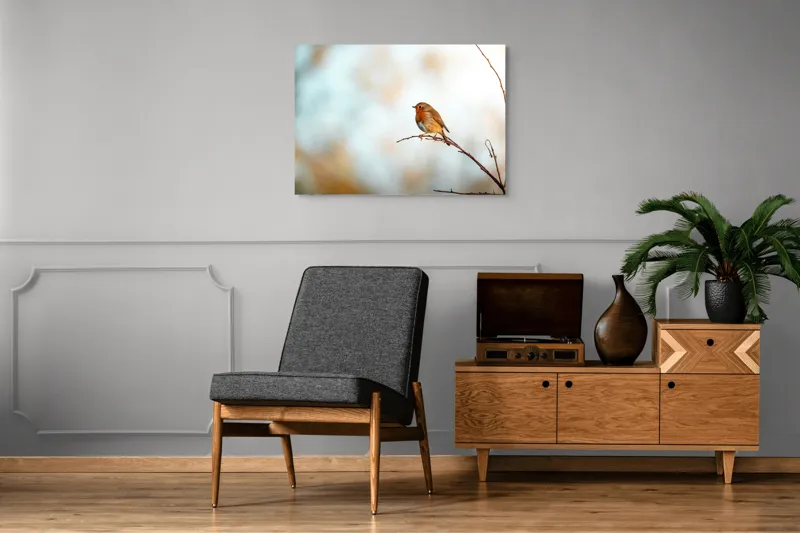 Tablou Canvas, "Piticul colorat în razele dimineții", Pasăre, Ramură, Cer, Lumină, Penaj, Natură, Solitudine, 100 x 70 cm – poza 8