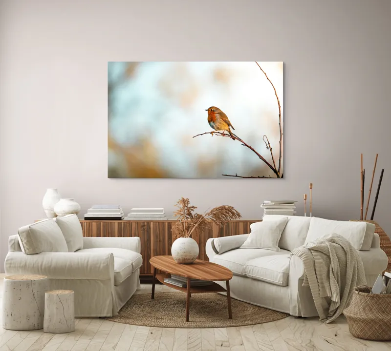Tablou Canvas, "Piticul colorat în razele dimineții", Pasăre, Ramură, Cer, Lumină, Penaj, Natură, Solitudine, 150 x 100 cm – poza 3