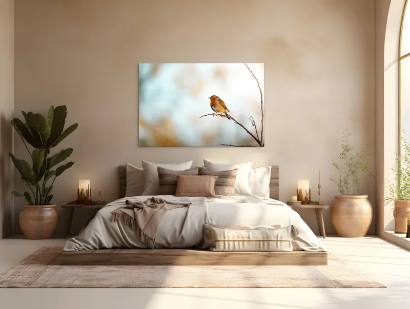 Tablou Canvas, "Piticul colorat în razele dimineții", Pasăre, Ramură, Cer, Lumină, Penaj, Natură, Solitudine, 150 x 100 cm – poza 4
