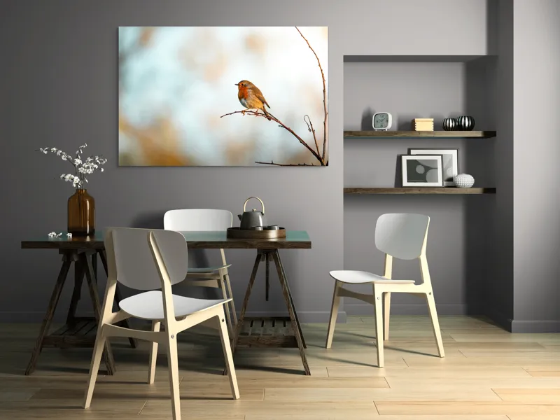 Tablou Canvas, "Piticul colorat în razele dimineții", Pasăre, Ramură, Cer, Lumină, Penaj, Natură, Solitudine, 150 x 100 cm – poza 5