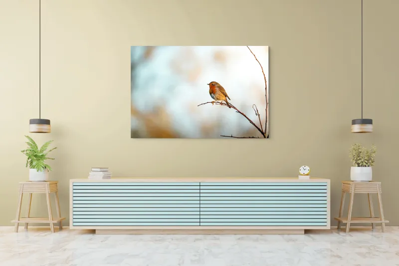 Tablou Canvas, "Piticul colorat în razele dimineții", Pasăre, Ramură, Cer, Lumină, Penaj, Natură, Solitudine, 150 x 100 cm – poza 6