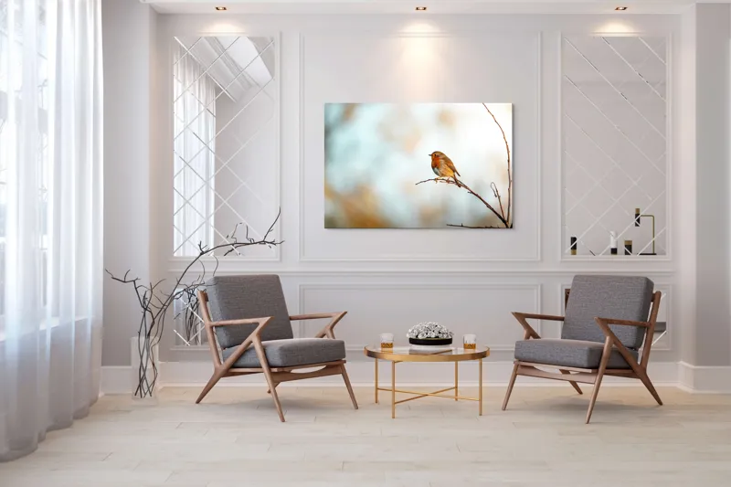 Tablou Canvas, "Piticul colorat în razele dimineții", Pasăre, Ramură, Cer, Lumină, Penaj, Natură, Solitudine, 150 x 100 cm – poza 7