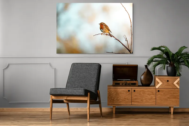 Tablou Canvas, "Piticul colorat în razele dimineții", Pasăre, Ramură, Cer, Lumină, Penaj, Natură, Solitudine, 150 x 100 cm – poza 8