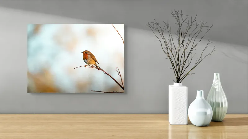 Tablou Canvas, "Piticul colorat în razele dimineții", Pasăre, Ramură, Cer, Lumină, Penaj, Natură, Solitudine, 54 x 39 cm – poza 3