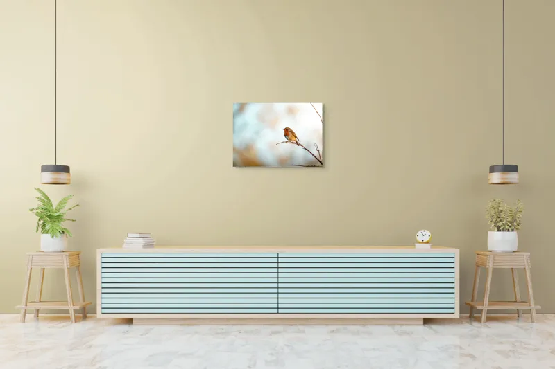 Tablou Canvas, "Piticul colorat în razele dimineții", Pasăre, Ramură, Cer, Lumină, Penaj, Natură, Solitudine, 70 x 50 cm – poza 7