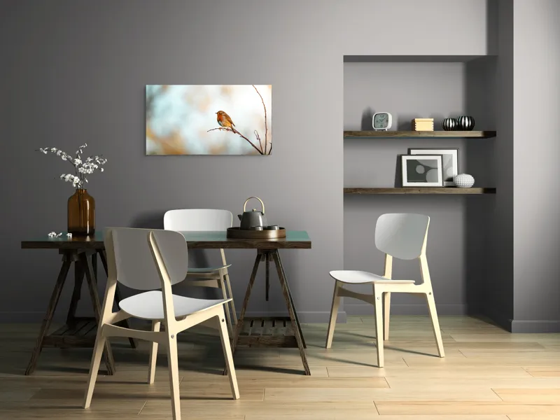 Tablou Canvas, "Piticul colorat în razele dimineții", Pasăre, Ramură, Cer, Lumină, Penaj, Natură, Solitudine, 90 x 50 cm – poza 3